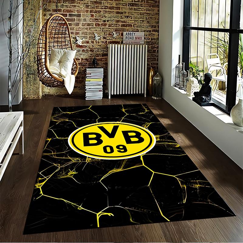 Современный черно-желтый ковер с логотипом футбольного клуба BVB 09. Подходит для использования в качестве противоскользящего покрытия для гостиной, спальни, диванов.