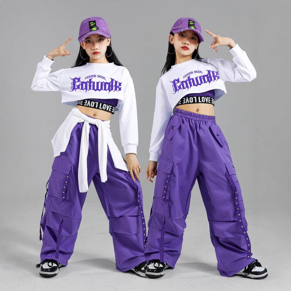 Хип-хоп Девочки K-pop Укороченный топ Фиолетовые брюки-карго Детские Наряды для уличных танцев Детская уличная одежда Наборы одежды для джаза