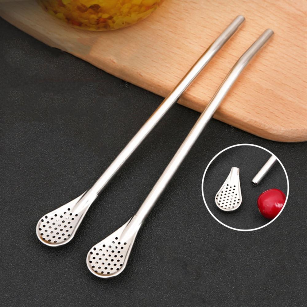 2pcs set Food Grade Stainless Steel Stainless Steel Stirring Rod Filter Straw Spoon For Milkshake