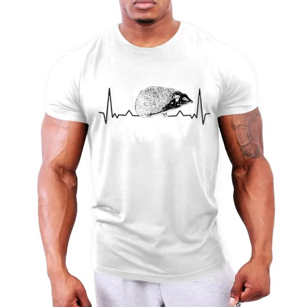 Hedgehog Heartbeat Print T Shirts Men Clothing Short Sleeve T-shirts Oversized Fashion Camiseta Male Black Tshirt Tops Tee Homme