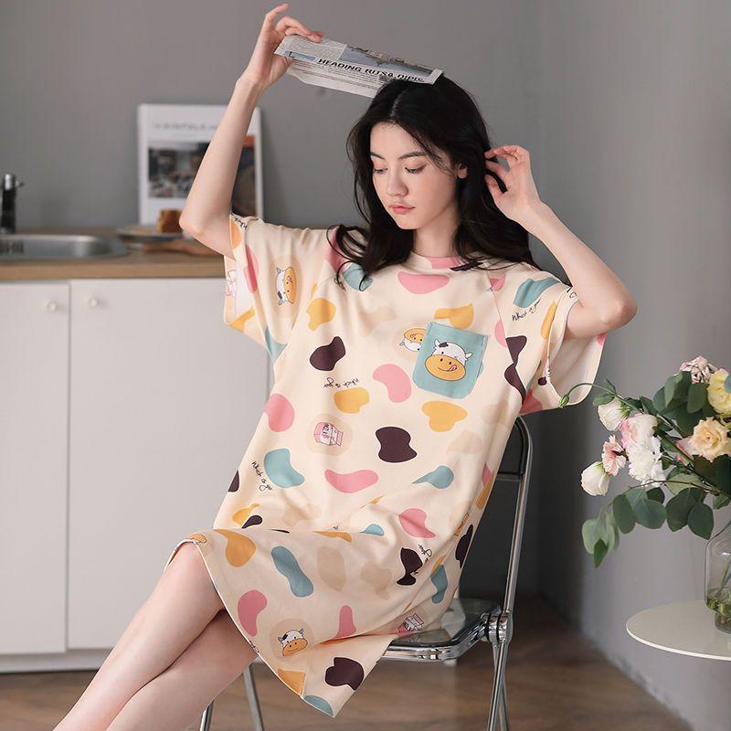 Пижамное платье, женское милое свободное и тонкое летнее пижамное платье из чистого хлопка с короткими рукавами, домашняя одежда