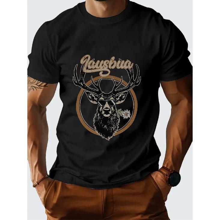 Men's Plus Size Native American Deer& Stag Print T-Shirt- 100% Cotton 180gsm Heavyweight, Breathable Moisture-Wicking, Retro Vintage Style, Black&