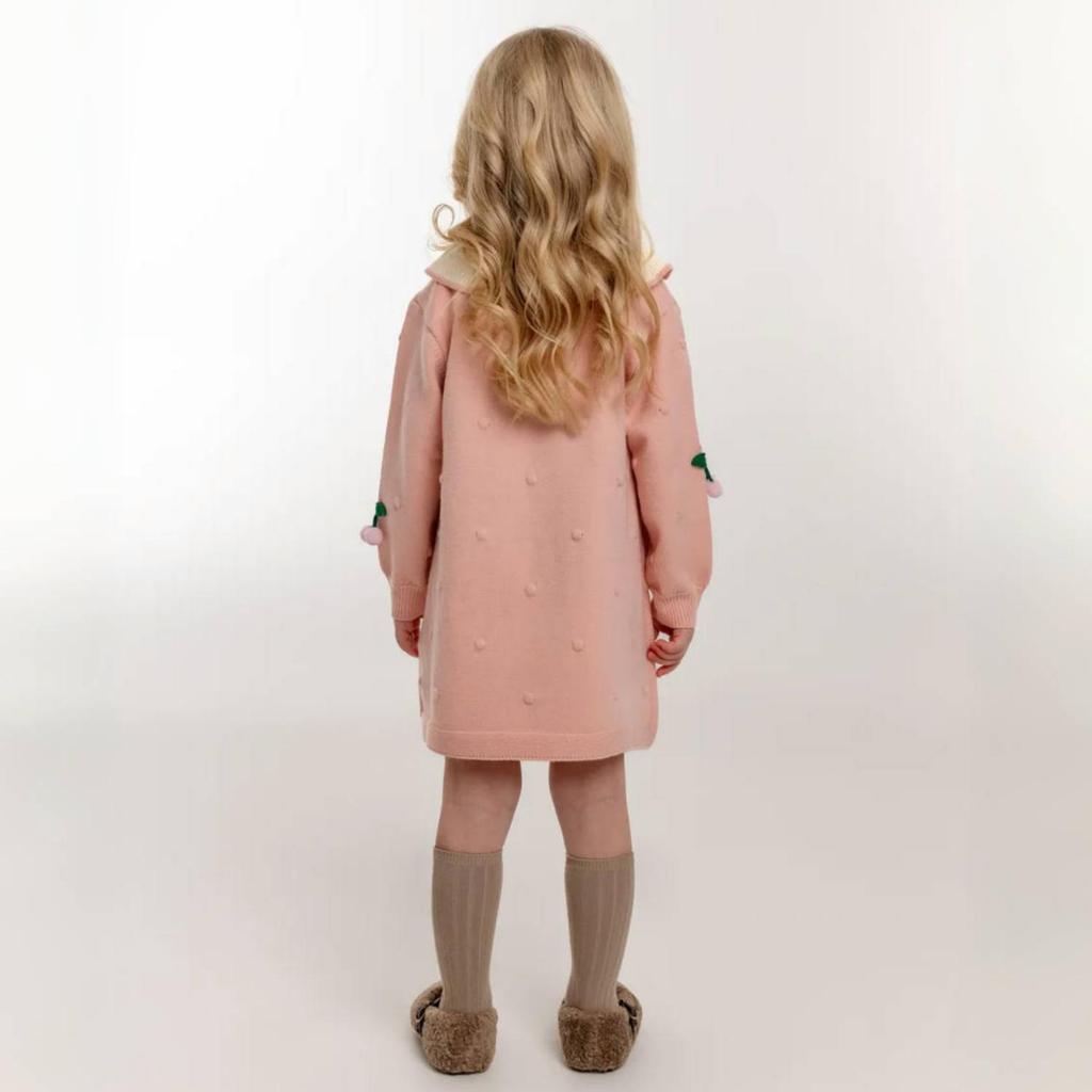Girls' Knitted Cherry Dress – Long Sleeve Warm Sweater Dress with Ruffled Collar