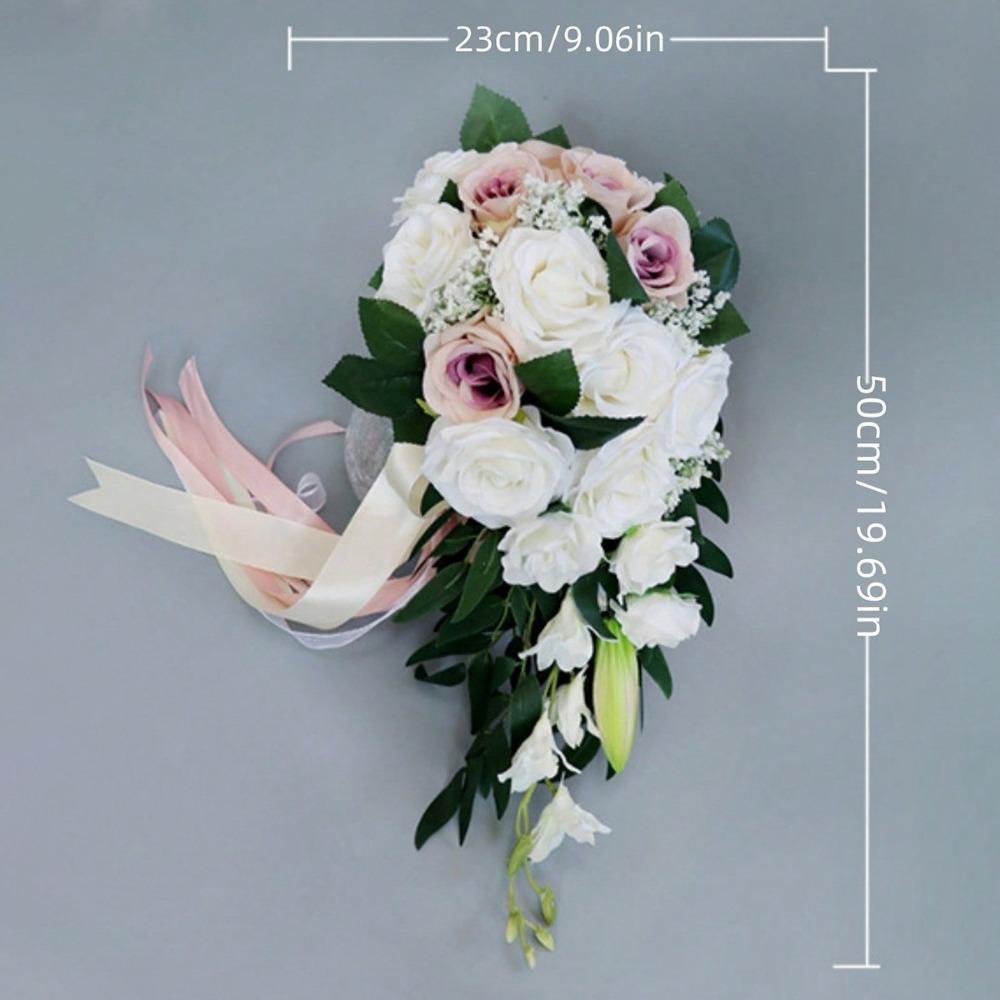 Fake Flower Bunch Wedding Bridal Bouquet Artificial Rose Flowers with Ribbons Tossing Cascading Bouquet Boho Rustic Ceremony Anniversary Decoration