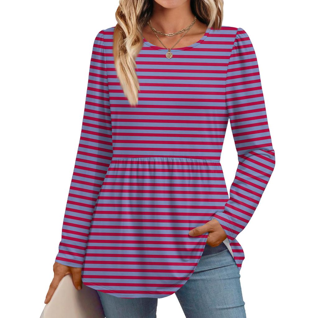Women's Casual Fashion Long Sleeve Shirt Striped Tunic Top