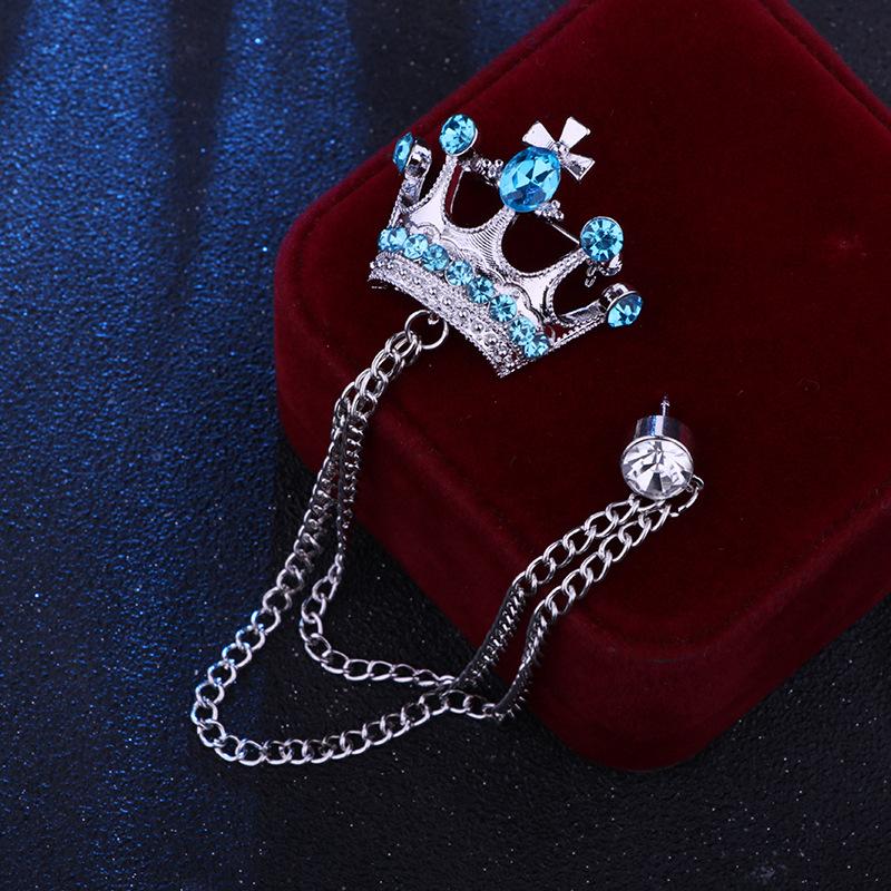 Crystal Men Brooch Pin Crown Fashion Collar Pins Suit Lapel Wedding Gift Jewelry Cross Chain
