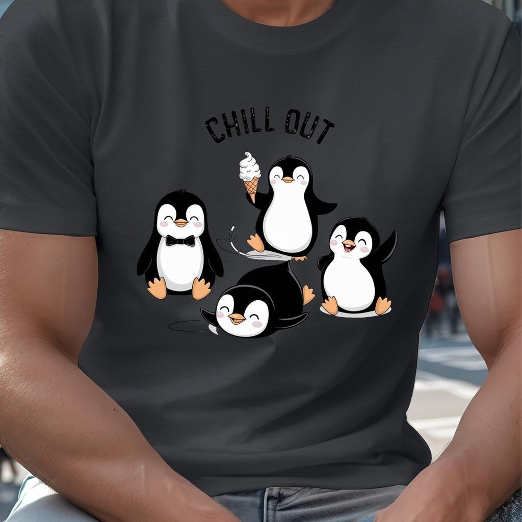 Мужская футболка с графическим принтом "Пингвины Chill Out" Летняя Повседневная С коротким рукавом С круглым вырезом Дышащая С принтом