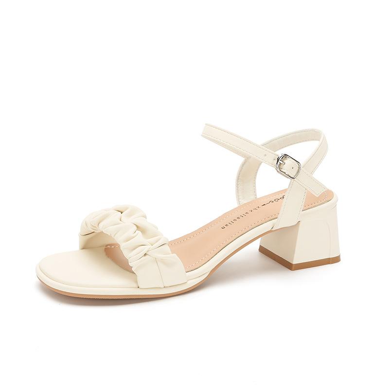 Кожаные балетки для женской обуви Хуэйчжоу, каблуки, французские сандалии на толстом каблуке, летние новые сандалии с открытым носком