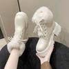New Winter Female Ankle Boots Women‘s Pu Leather Platform Square Heels Shoes Lace Up White Solid Color Plush Booties