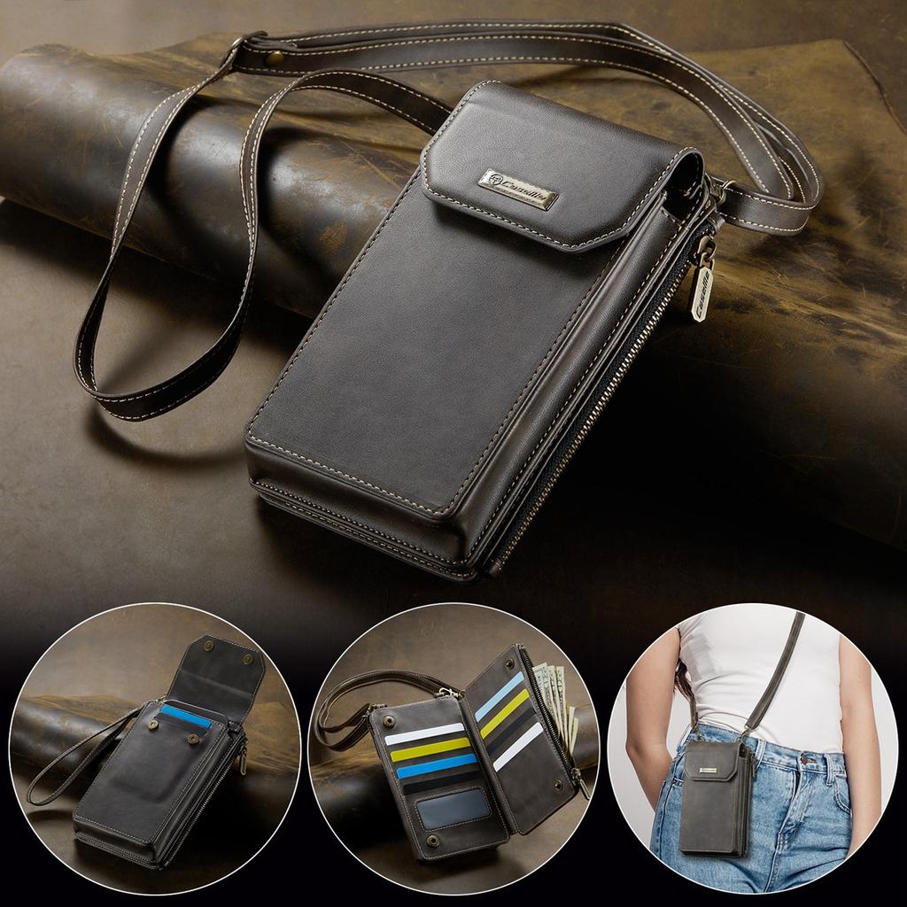 Multi-function Cellphone PU Leather 9 Card Slots Wallet Case with 2 Ropes for iPhone Samsung Xiaomi Anti-theft Brush Universal Size Zipper Bag