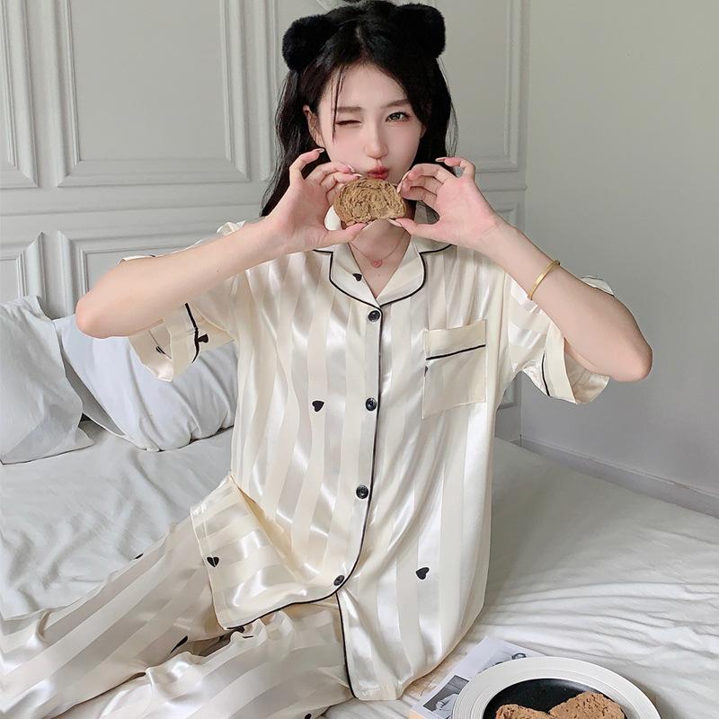 Nordic Style High-End Love Striped Printed Pajamas Simple High-End Short-Sleeved Loungewear Can Be Worn Outside