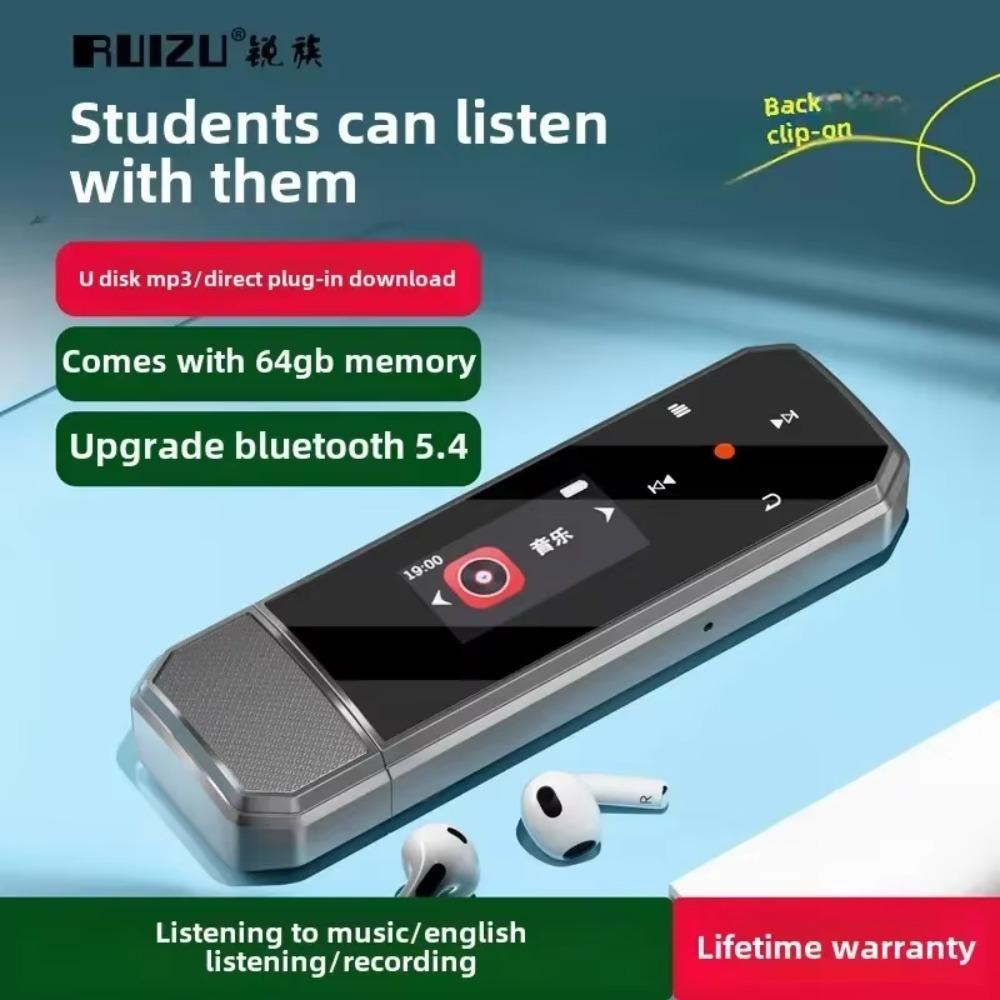 RUIZU X80 USB MP3-плеер Mini 64 ГБ Сенсорная кнопка Bluetooth 5.3 Спортивный клипса Музыкальный плеер Поддержка FM-радио Диктофон Электронная книга Шагомер