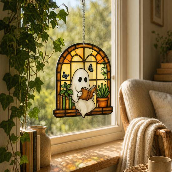 Indoor Outdoor Suncatcher Halloween Ghost Reading Sun Catcher, Stained Glass Style Window Hanging Decoration Ornament, Cute for Home Garden