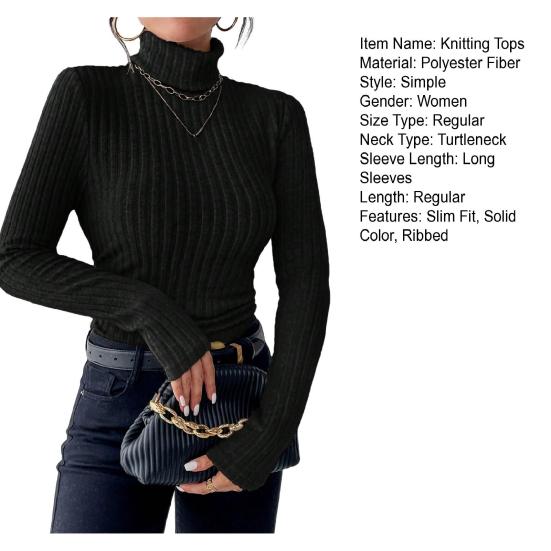 Женские вязаные топы с высоким воротником, с длинным рукавом, однотонный свитер, облегающий крой, топы с рубчатым низом, зимний трикотаж