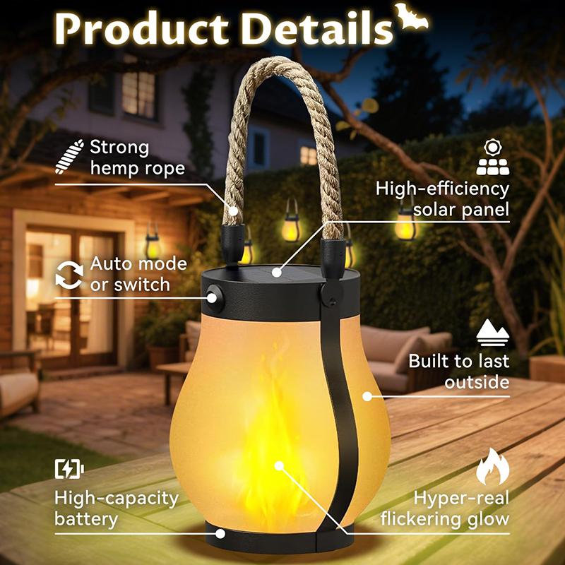 Solar Lantern Outdoor Lights Waterproof Dancing Flame Solar Lantern Hemp Rope Hanging Flame Lanterns For Garden Yard Decorations