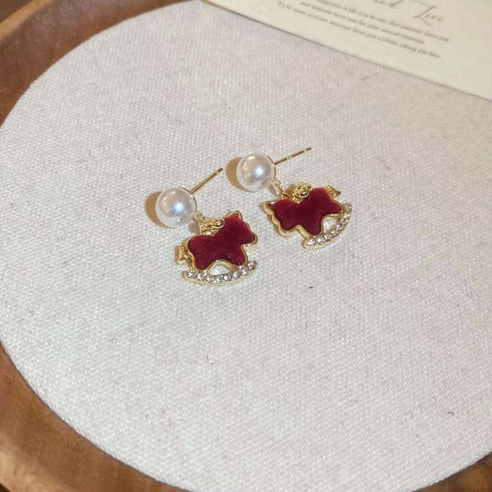 Rhinestone Zircon Horse Earrings Red Horse Stud Earrings Girls Jewelry