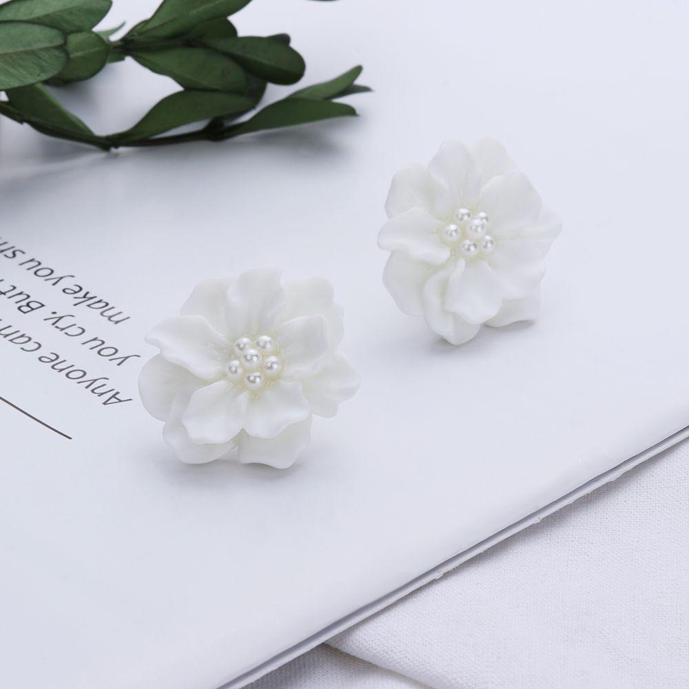 Bohemian Jewelry Inlay Beads Big White Flower Simulated Pearl Camellia Stud Earrings