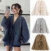 2024 новая осенне-зимняя женская одежда темперамент универсальный V-образный вырез с длинными рукавами шнуровка кардиган свободный плюшевый фактурный жакет топ