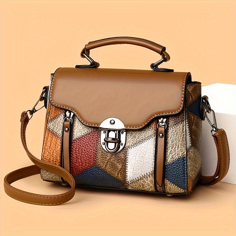 Retro Handbag For Women Small Capacity Anti-Theft Brown With Blue White Black Accents Everyday Crossbody Shoulder Bag Travel Purse Vintage Bags