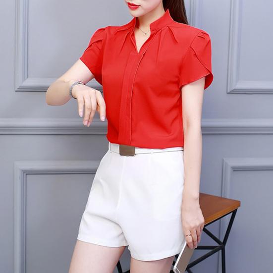 Летняя шифоновая рубашка с v-образным вырезом и лепестками, короткий однотонный пуловер с рукавами, топы с воротником-стойкой, тонкая женская блузка