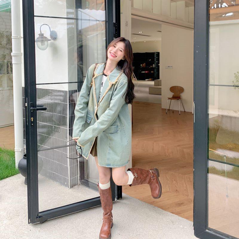 Синяя повседневная джинсовая куртка для женщин средней длины, осенний новый корейский стиль, свободный ретро-костюм