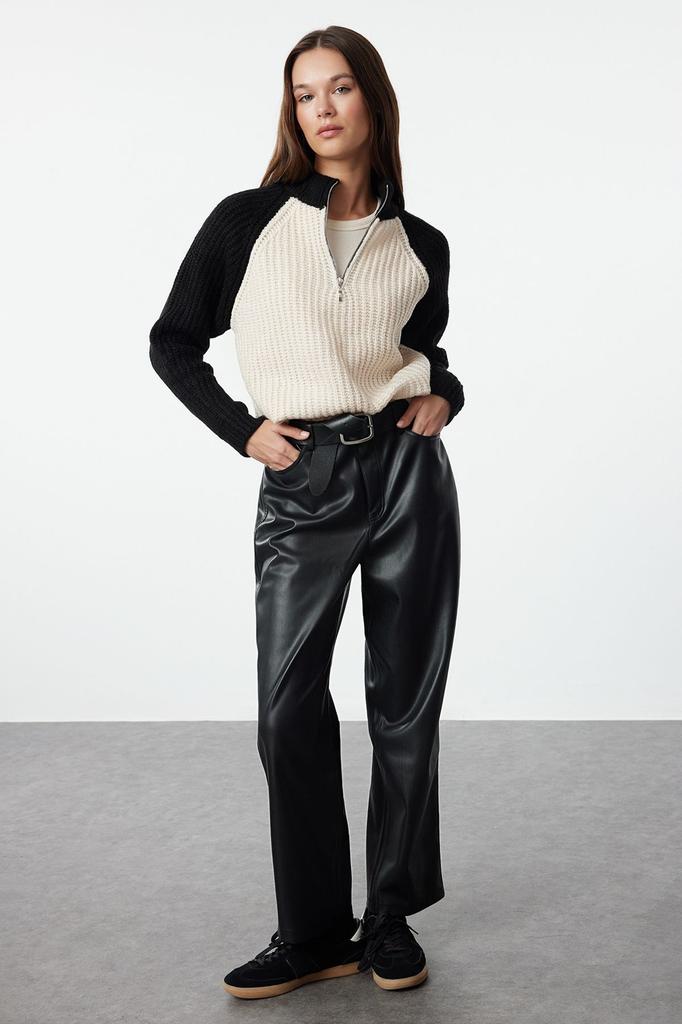 Women's Fashion Stylish Sweater Black Color Block Zippered Knitwear Sweater