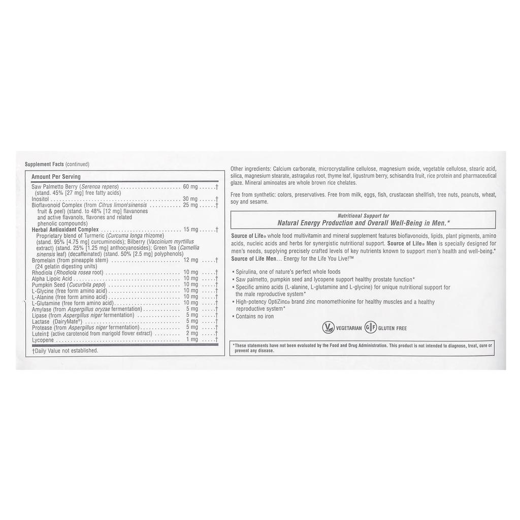 Source Of Life, Men's, Multivitamin Supplement with Whole Food Concentrates, No Iron, 120 Tablets