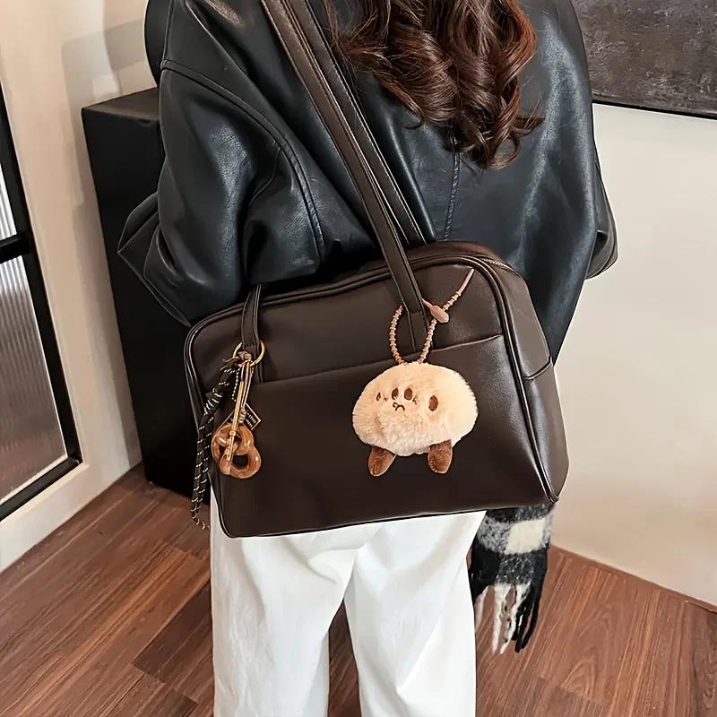 Fashionable Women's Bag, Leather Simple and Versatile Shoulder Bag, Zipper Closure, Large Capacity College Style Armpit Bags