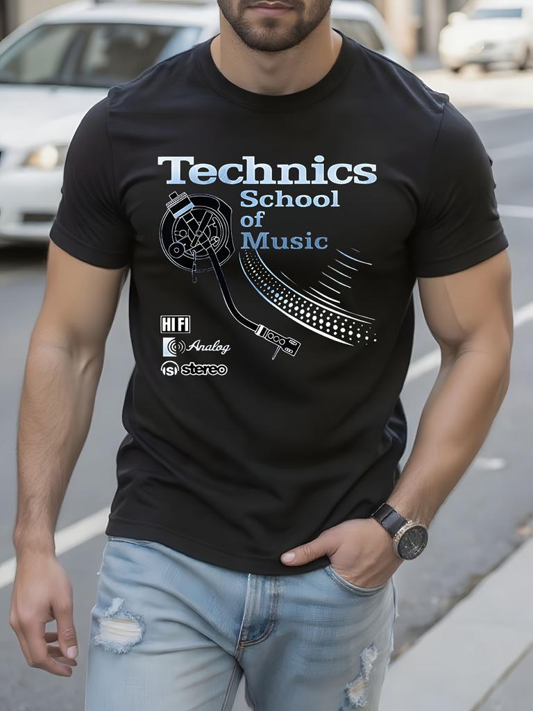Technics School of Music Blue Print Black Cotton Tshirt P...