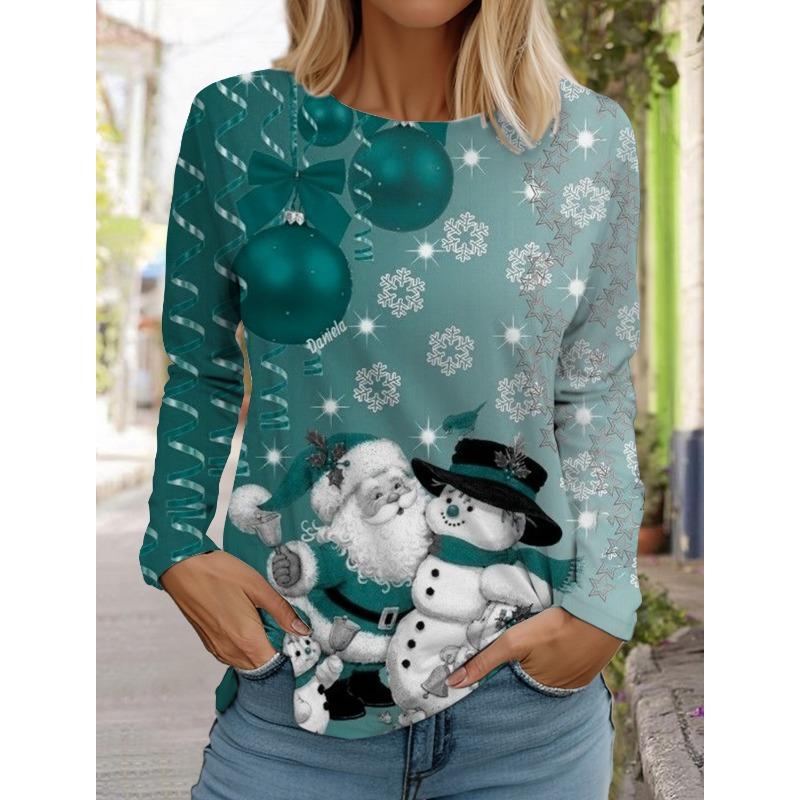 Женская футболка с длинным рукавом и рождественским принтом оленей, спортивный повседневный милый полиэстер с круглым вырезом и длинным рукавом
