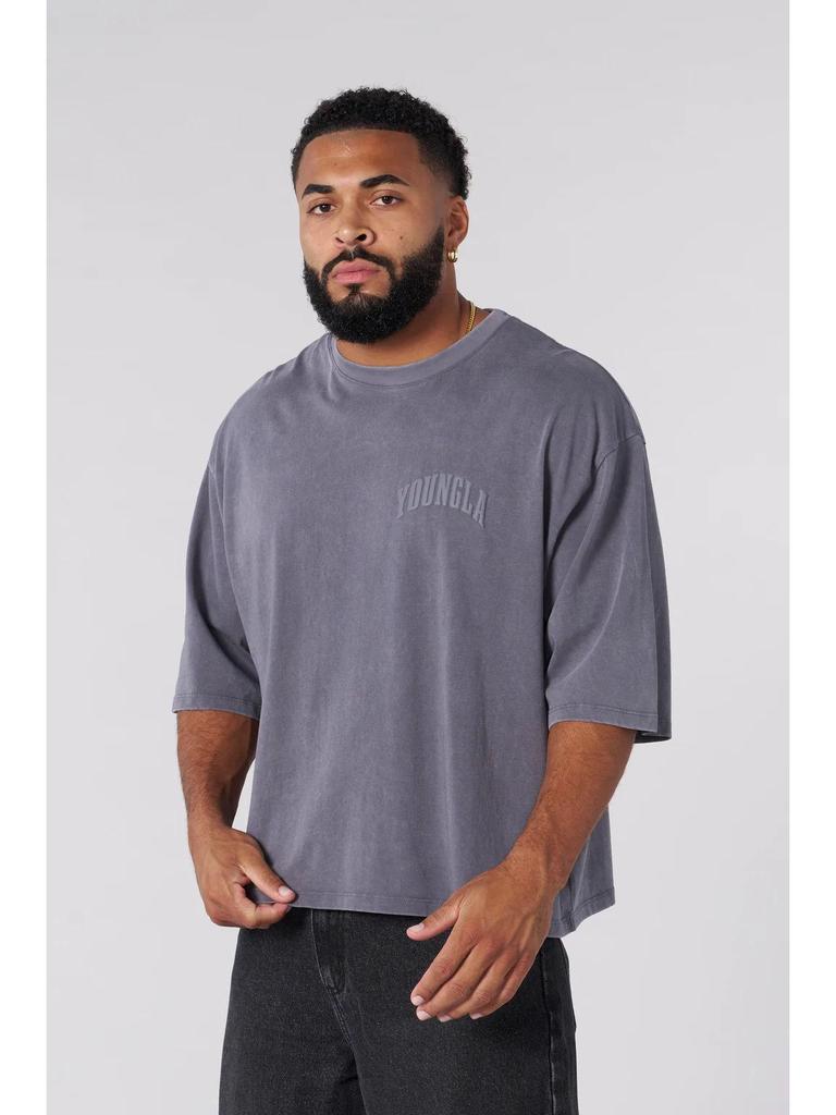 YOUNGLA Men's Oversized Puff Print Cotton T-Shirt - Short Sleeve, American Sport Casual Fit