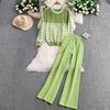 Autumn Winter Women Casual Striped Twist Knitted Sweater Trouser Two Piece Set O-neck Pullover Tops and Wide Leg Pocket Pant Suit
