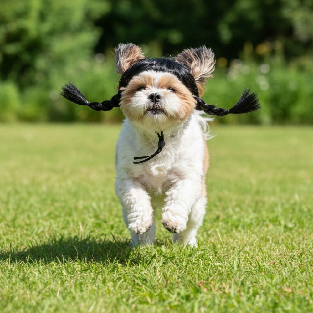 Funny Double Ponytail Pet Hairpiece Black Cosplay Wig Easy to Wear Animal Wig Festival Cosplay