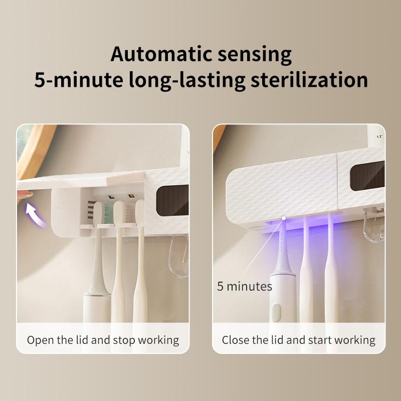 2-in-1 toothbrush holder with multi-functional toothpaste squeezer for air drying and disinfection, wall mounted bathroom withou