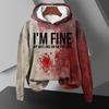 Men Fall Winter Halloween Hoodie Bloodstain Print Elastic Cuff Retro 3D Letter Pattern Thick Gradient Color Hooded Loose Keep Warm Mid Length Sport