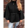 Women S Black Wool Blend Cape Coat Stand Collar Long Sleeve Loose Elegant