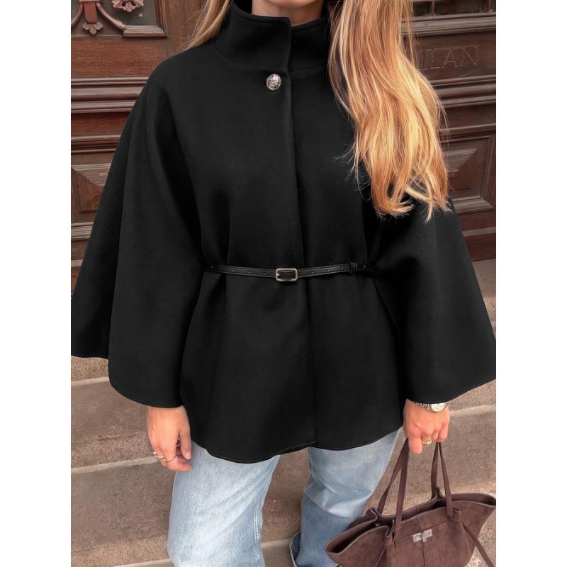 Women S Black Wool Blend Cape Coat Stand Collar Long Sleeve Loose Elegant