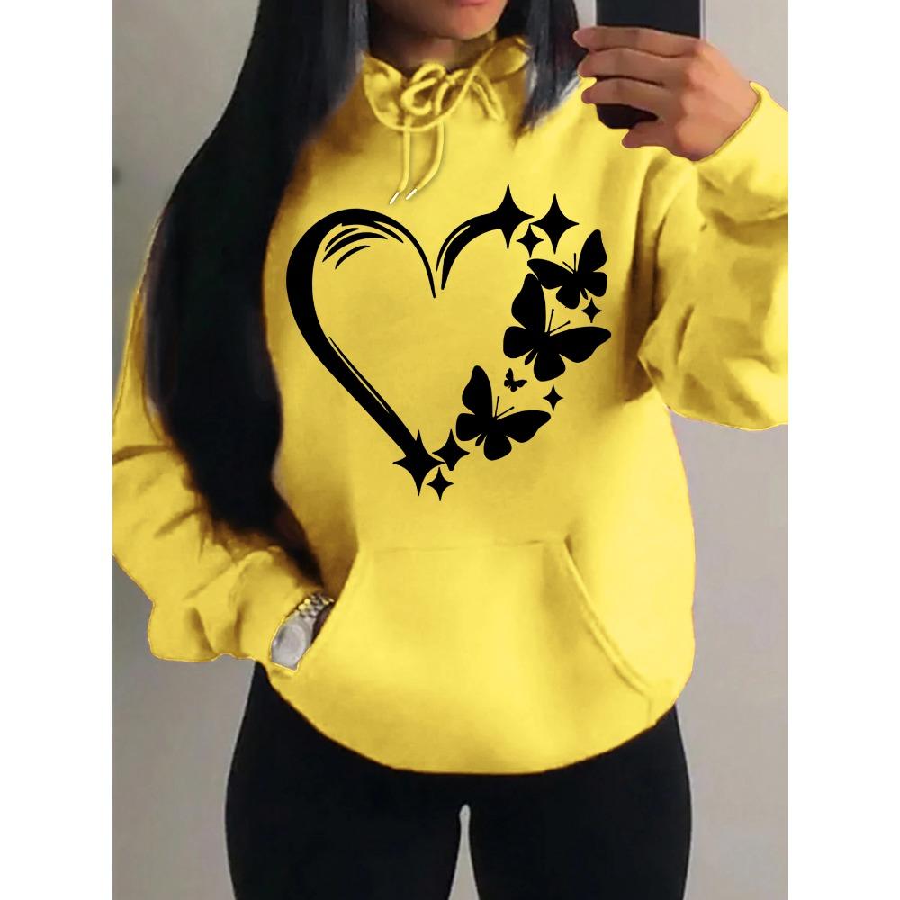 Худи с принтом «Любовь и Бабочки» Женские Уличные Худи Модные Карманные Одежда Винтажное Многоцветное Худи