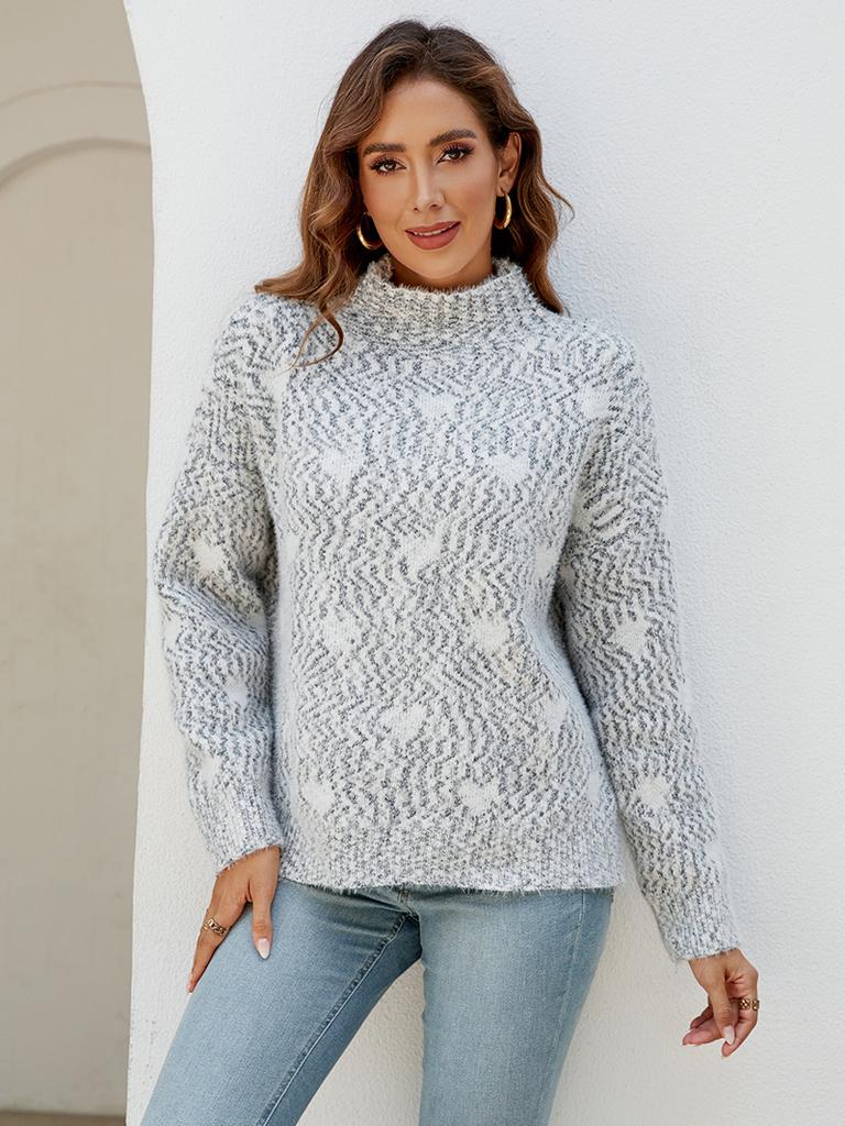 ZIMOXUAN Женский повседневный свитер с принтом в виде сердца, полуводолазкой и свободными длинными рукавами на осень-зиму