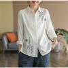 Весенне-осенняя хлопково-льняная рубашка с вышивкой, женская блузка с длинным рукавом, белые, синие свободные рубашки на пуговицах с лацканами, женские топы