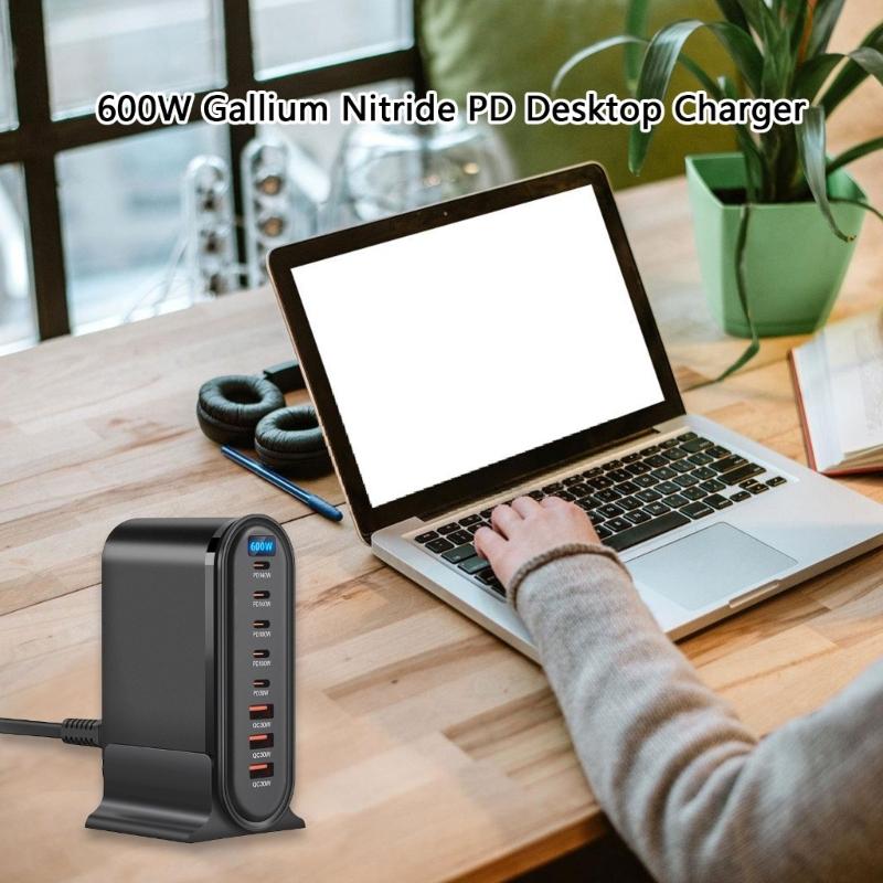 Быстрое зарядное устройство 8 портов 600 Вт USB C с 4 портами USB C 100 Вт и 4 портами USB A QC30 Вт для зарядки нескольких электронных устройств
