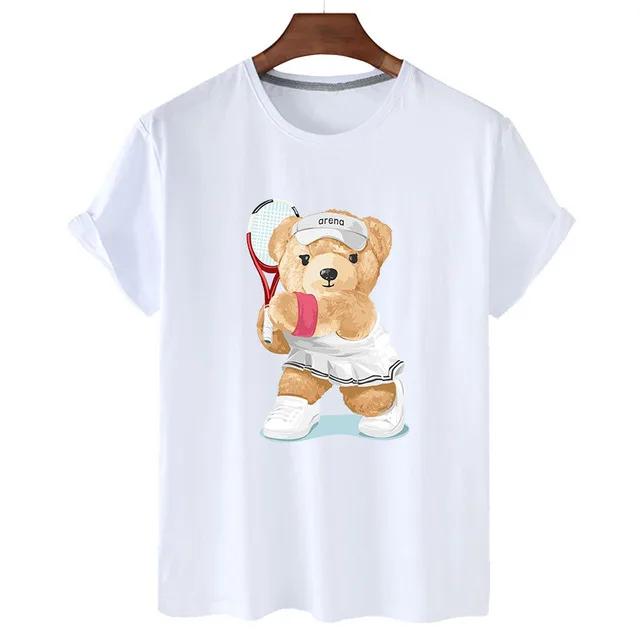 Teddy Bear Playing Badminton Tshirt Exercise Clothing Short Sleeve Tops Graphics Kawaii Unisex Women Short Sleeve Printed Shirt Top
