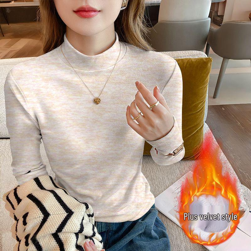 Осень 2025 Большой размер Приталенный Топ-база с длинным рукавом Свободный для женщин с воротником-стойкой