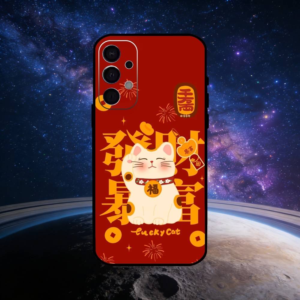 Cute Lucky Maneki Neko Cat Phone Case For Samsung S25,S24,S23,S22,S21,S20,Ultra,Plus,FE Black Soft Cover
