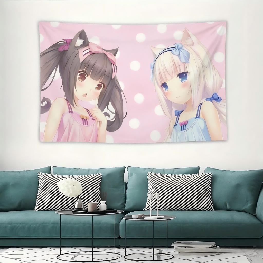 1 шт. Гобелен Nekopara Chocola & Vanilla, Милые Кошки-Девушки, Настенное Украшение, Эстетичный Декор в Пастельных Розовых и Голубых Тонах для Спальни, Общежития