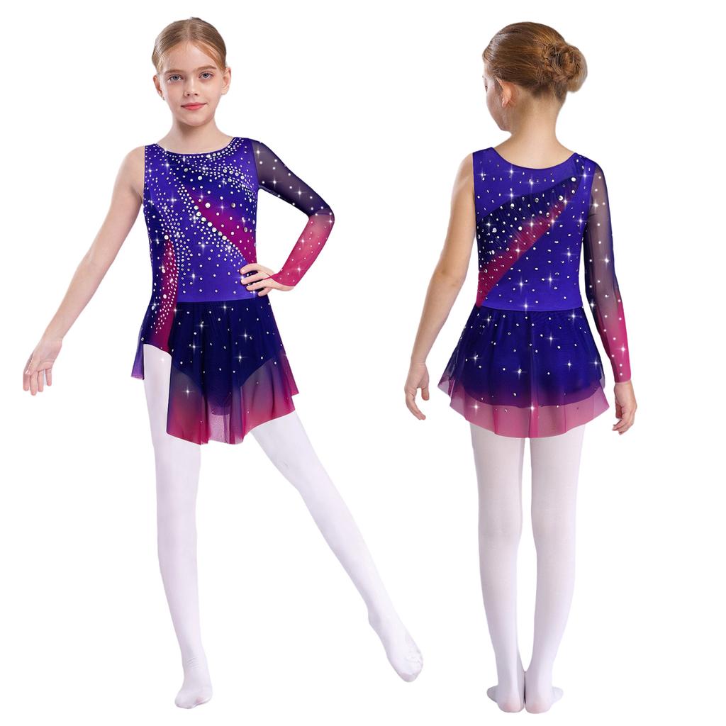 Girls Lyrical Dance Dress Round Neck Asymmetrical Split Shiny Rhinestones Contrast Color Figure Skating Gymnastics Gown