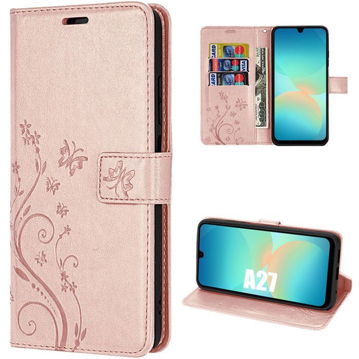 Coque pour Samsung Galaxy A27 5G, Protection Rabat Anti-Rayures Synthécuir Relief Floral - Rose