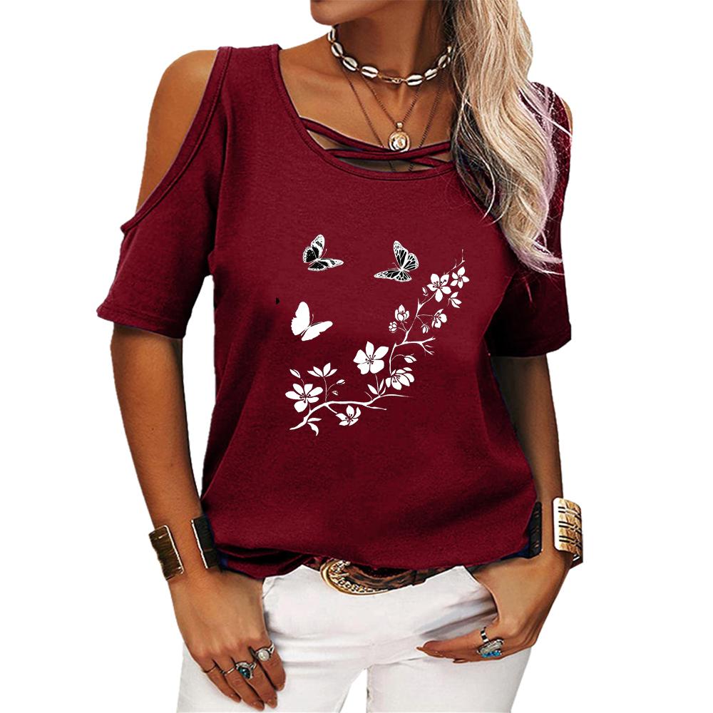 Women Fashion Off Shoulder Top Casual Round Neck Summer Tee Shirt Print Short Sleeve T-shirt