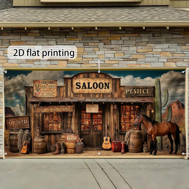 1 piece, 2D flat, Western ranch garage door banner - Wild West decoration, suitable for cowboy-themed events - Home decor, wsj