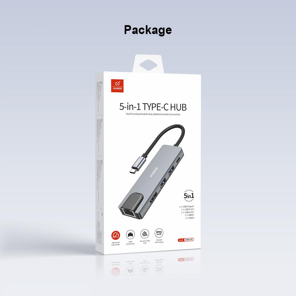XUNDD XDDC-070 Multi-Port Adapter 5 in 1 USB-C Hub with 4K HD / Ethernet / PD Charging Ports